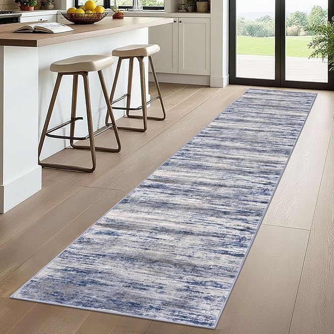 KOZYFLY Modern Abstract Kitchen Runner Rug, 2x10 Washable Rug Runner Non-Slip Soft Striped Hallway Runner Rugs, Grey Blue Print Carpet Runner for Entryway Bathroom Laundry Room Foyer