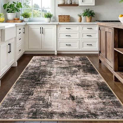 IOHOUZE Abstract Area Rugs 5x7 Ft Washable Rugs for Living Room, Non Slip Dining Room Rug, Printed Faux Wool Rugs for Bedroom, Floor Carpet for Kitchen Nursery Playroom, Brown/Rust
