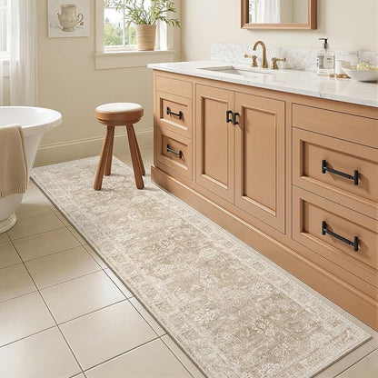 Madane Washable Runner Rug 2x6, Kitchen Hallway Runner Rug with Non-Slip Rubber Backing, Vintage Soft Low Pile Carpet Runner for Entryway Laundry Bathroom Bedroom Living Room (2 x 6, Beige/Brown)