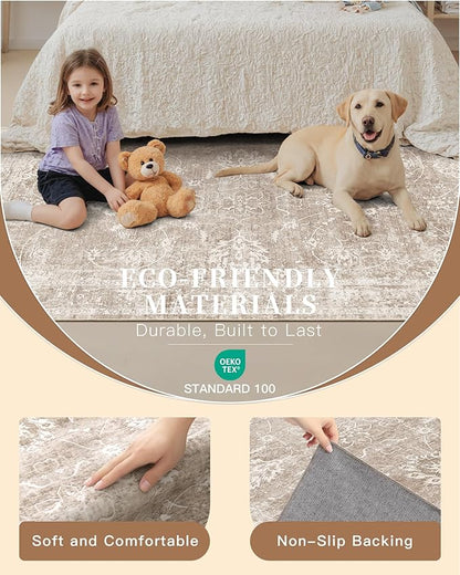 Madane Rug Runner for Hallways 2.5x8, Washable Kitchen Runner Rugs with Non Slip Backing, Soft Floral Print 2'6''x8 Carpet Runners for Laundry Room, Bedroom, Brown/Sand
