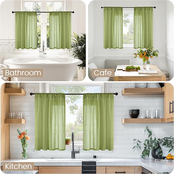 BGment Olive Green Linen Curtains 36 Inch Length for Short Kitchen Window - Rod Pocket Small Drapes Sheer Light Filtering for Cafe Bedroom Decor Lightweight Natural Rustic, 2 Panels Set, 42 X 36 Inch