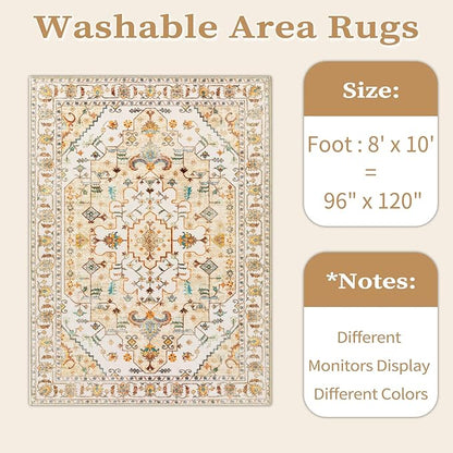SERISSA Boho Area Rug 8x10 Light Yellow, Washable Large Rugs for Living Room, Ultra Soft Non-Slip Bedroom Rug Print Distressed Vintage Farmhouse Carpet Rug for Dining Room Dorm Office Home Decor