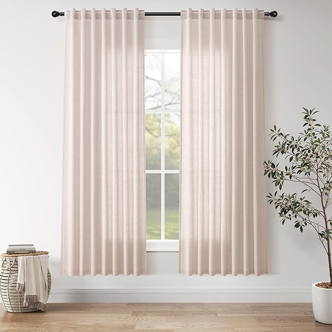 Natural White Linen Curtains 72 Inches Long for Living Room Burlap Linen Textured Light Filtering Semi Sheer Curtains Back Tab Privacy Neutral Farmhouse Curtain for Bedroom Office 52x72, 2 Panels