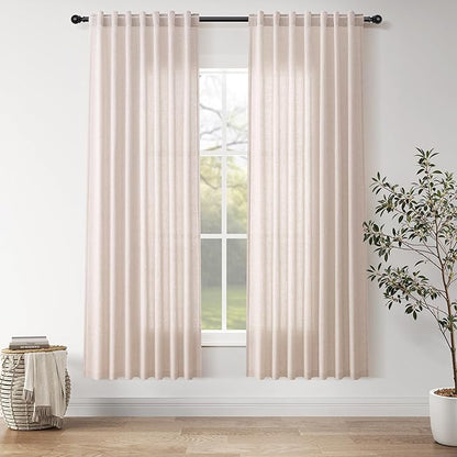 Natural White Linen Curtains 72 Inches Long for Living Room Burlap Linen Textured Light Filtering Semi Sheer Curtains Back Tab Privacy Neutral Farmhouse Curtain for Bedroom Office 52x72, 2 Panels