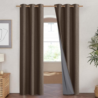 NICETOWN Coffee Vintage Linen 100% Blackout Curtains for Living Room, Thermal Insulated Curtains 84" Long, Noise Reducing Window Treatment Drapes for Hall Room, 42" Wide Per Panel, Set of 2