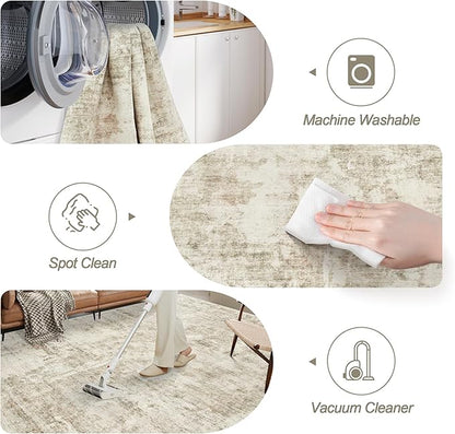 Soalmost Abstract Rug 5x7 Machine Washable Area Indoor Beige Gray White Low Pile Non-Slip Foldable Thin Accent Rugs for Bedroom Living Room Dining Room Grey