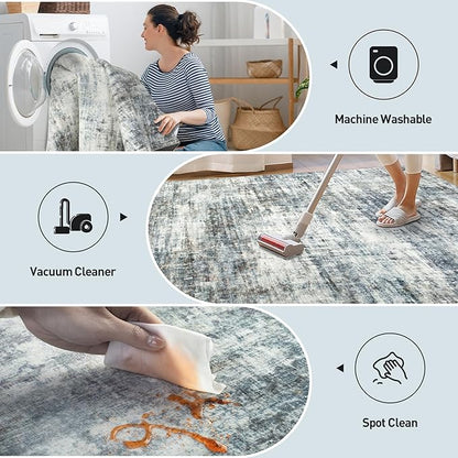 8x10 Area Rugs Washable Rug: Large Modern Abstract Living Room Rug Soft Anti-Skid Thin Carpet Indoor Floor Non-Shedding Carpets for Bedroom Dining Room Farmhouse Nursery Home Office Blue Multi
