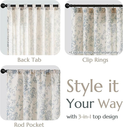 jinchan Linen Blend Curtain Floral Curtains for Living Room 84 Inch Length Blue Printed Curtain Rod Pocket Back Tab Farmhouse Peony Flower Patterned Drapes Bedroom Window Curtains Set 2 Panels