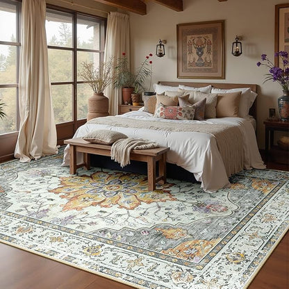 RELEANY Area Rugs 10'x12' Washable Non-Slip, Floral Vintage Distress Print Pattern Medallion Carpet for Living Room Bedroom Dining Room, Light Yellow Carbon Grey Orange