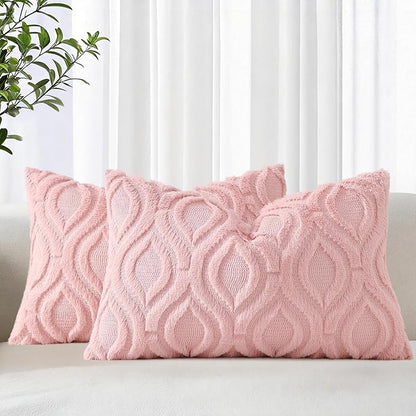 decorUhome Throw Pillow Covers 12x20 Inch Set of 2, Soft Plush Faux Wool Pink Solid Couch Pillow Covers, Accent Farmhouse Neutral Rectangle Pillow Cases for Sofa Bed Living Room