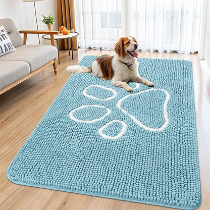 Smiry Dog Door Mat for Muddy Paws, Absorbent Dirt Trapper Non Slip Quick Dry Washable Chenille Mat for Mud Dogs, Entry Rug for Indoor and Outdoor (59x35 Inches, Sky Blue and White)