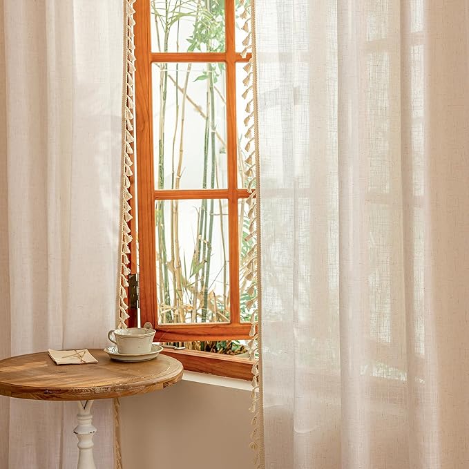 MYSKY HOME Natural Boho Sheer Curtains with Macrame 63 Inches Length for Short Window Treatment, Back Tab Design Light Filtering Privacy Drapes Farmhouse Home Decor，50" W×63" L, Natural，2 Panels