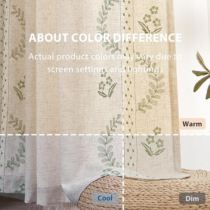 jinchan Belrose 4 Panel Curtains Set 90 Inch Length Floral Curtains Linen Blend Sage Green Embroidered Drapes Farmhouse Flower Patterned Drapes for Living Room Bedroom Window Treatments Set of 4