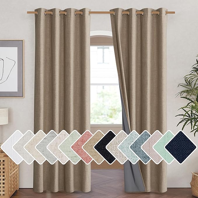 NICETOWN Burlap Vintage Open Linen Weave Flax Thermal Curtains, 100% Blackout Curtains 90" Long for Dining Room, Soundproof Window Treatment Drapes for Home Cinema, 52" Wide Per Panel, Set of 2