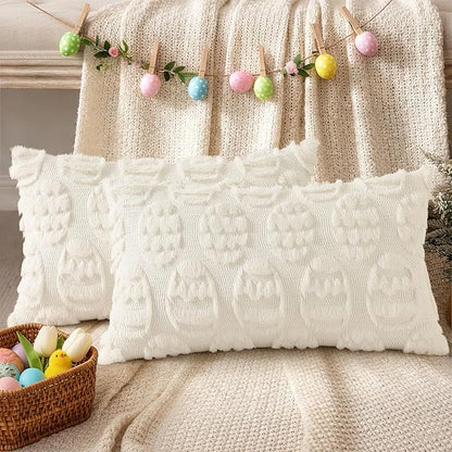 decorUhome Easter Cream White Egg Pillow Covers 12x20 Inch Set of 2, Soft Plush Faux Wool Jacquard Cushion Covers, Farmhouse Neutral Fuzzy Spring Easter Holiday Decor for Couch Sofa Bed
