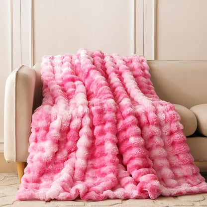 COOVA Faux Fur Throw Blanket for Couch, Cozy Soft and Fuzzy Plush Rabbit Fur Bubble Blanket for Sofa Bedroom Living Room, 50x60 Inches Tie Dye Pink