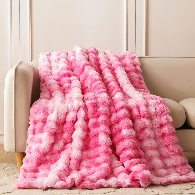 COOVA Faux Fur Throw Blanket for Couch, Cozy Soft and Fuzzy Plush Rabbit Fur Bubble Blanket for Sofa Bedroom Living Room, 60x80 Inches Tie Dye Pink