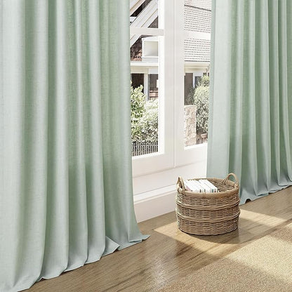 Extra Long Aqua Green Linen Curtains 120 Inch for Living Room 2 Panels Set Rod Pocket Back Tab Light Filtering Semi Sheer Linen Window Drapes Privacy High Ceiling Drapes for Farmhouse 52x120