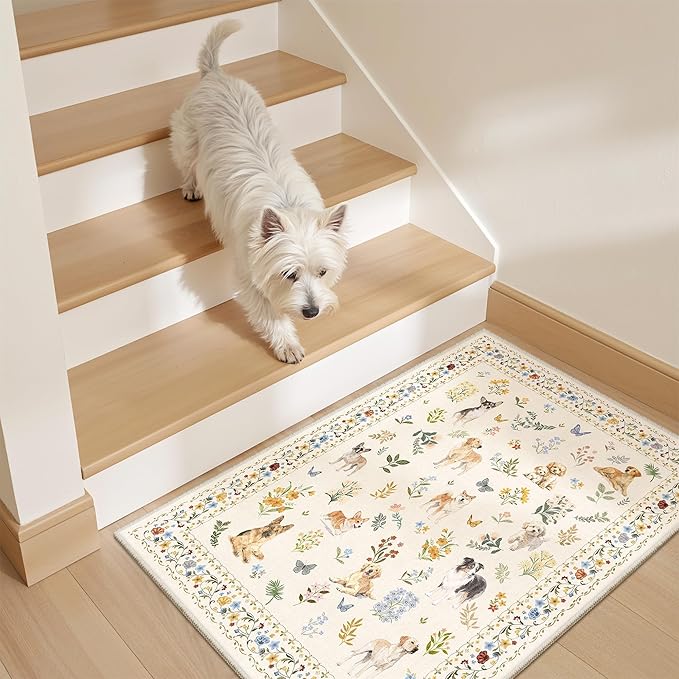 2x3 Dog Rugs for Entryway, Machine Washable Door Mat Animal Floral Small Area Rug Non-Slip Low Pile Soft Throw Rugs for Entrance Kitchen Indoor Front Door Kids Room (2 x 3,Beige)