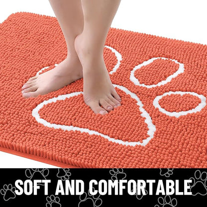Smiry Dog Door Mat for Muddy Paws, Absorbent Dirt Trapper Non Slip Quick Dry Washable Chenille Mat for Mud Dogs, Entry Rug for Indoor and Outdoor (30x20 Inches, Coral and White)