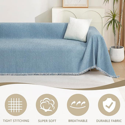 MYSKY HOME Chenille Couch Cover, Sofa Slipcover for 1-2 Cushion Sectional Couch, Machine Washable Soft Furniture Protector with Tassels, Futon Sofa Covers, Throw for Dogs, Kids, 71" x 102", Blue