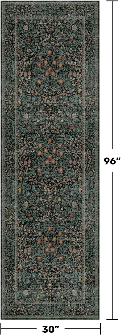 8ft Long Runners for Hallways Non Slip, 2'6" x 8' Floor Runner for Kitchen, Entryway Indoor, Washable Rubber Backing Stain Resistant - Vintage Floral Dark Green & Black Wide Décor