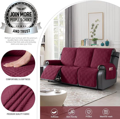 TAOCOCO 100% Waterproof Recliner Sofa Covers 3 Seater, Split Couch Covers for Reclining Couches, Non Slip Reclining Couch Covers with Double Straps for Kids Pets(3 Seater, Wine)