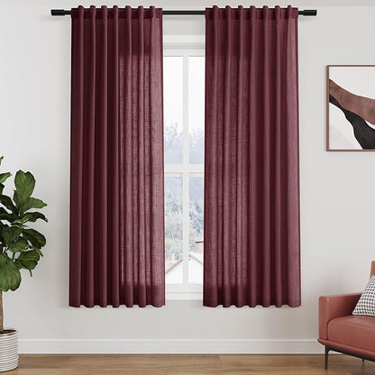 Burgundy Linen Curtains 63 Inches Long 2 Panel Sets for Living Room Bedroom Rod Pocket Back Tab Light Filtering Drape for Kitchen Window Short Protect Privacy Curtain Modern Farmhouse Decor 52x63