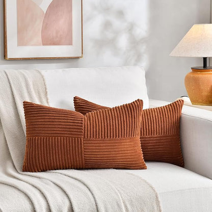 Fancy Homi 2 Packs Rust Lumbar Decorative Throw Pillow Covers 16x32 Inch for Couch Bed Sofa, Rustic Farmhouse Boho Home Decor, Soft Striped Corduroy Rectangle Accent Terracotta Cushion Case 40x80 cm
