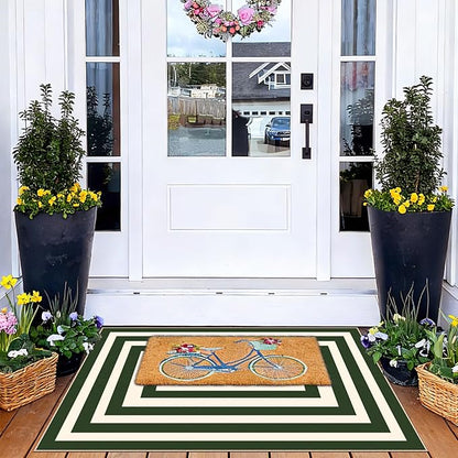 Front Door Mat Outside Entrance - 2x3 Green White Non-Slip Washable Doormat Indoor Outdoor Entrance Geometric Bordered Rug Small Throw Rugs for Entryway Bedroom Kitchen Front Porch Decor
