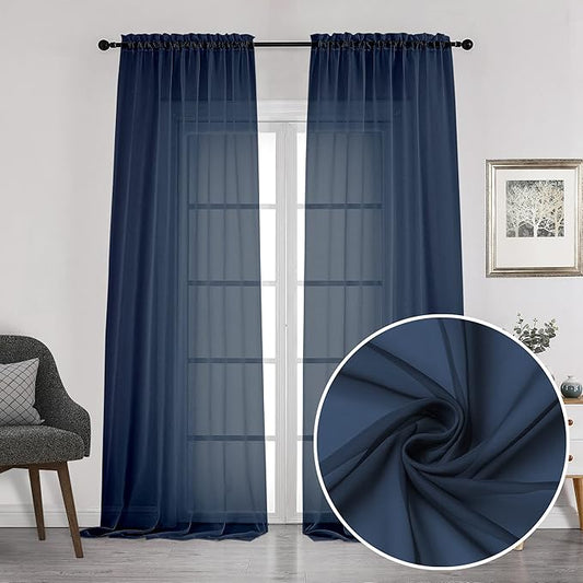 Chyhomenyc Sheer Window Curtains 108 inch Length 2 Panels Set, Airy Soft-Touching Rod Pocket Voile Drapes Backdrops Scarves for Living Room/Bedroom/Hotel/Patio, Each 42 W x 108 L, Navy Blue