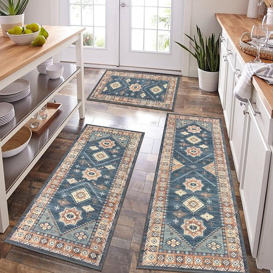 HEBE Boho Kitchen Rug Sets 3 Piece with Runner Non Slip Kitchen Rugs and Mats Washable Kitchen Mats for Floor Thick Kitchen Floor Mat Carpet Runner Rugs for Hallway Laundry Holiday Decor