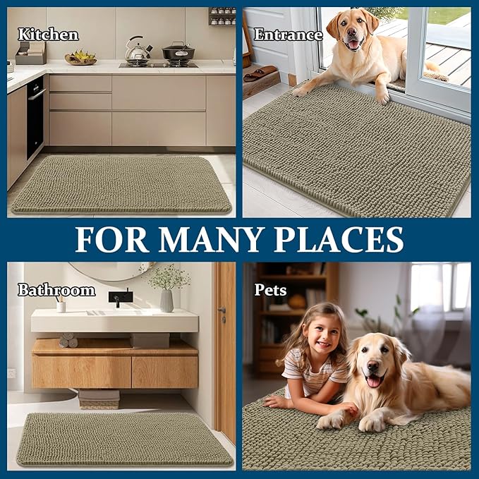 OLANLY Dog Door Mat for Muddy Paws 44x32, Absorbs Moisture and Dirt, Absorbent Non-Slip Washable Doormat, Quick Dry Chenille Mud Mat, Entry Indoor Entryway Carpet for Inside Floor, Warm Taupe