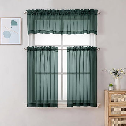 Chyhomenyc Hunter Green Sheer Valances for Windows - Light Filtering Small Kitchen Curtains, Rod Pocket Short Top Window Treatment Decor for Living Room Bathroom Basement, 42Wx16L inches, 2 Panels
