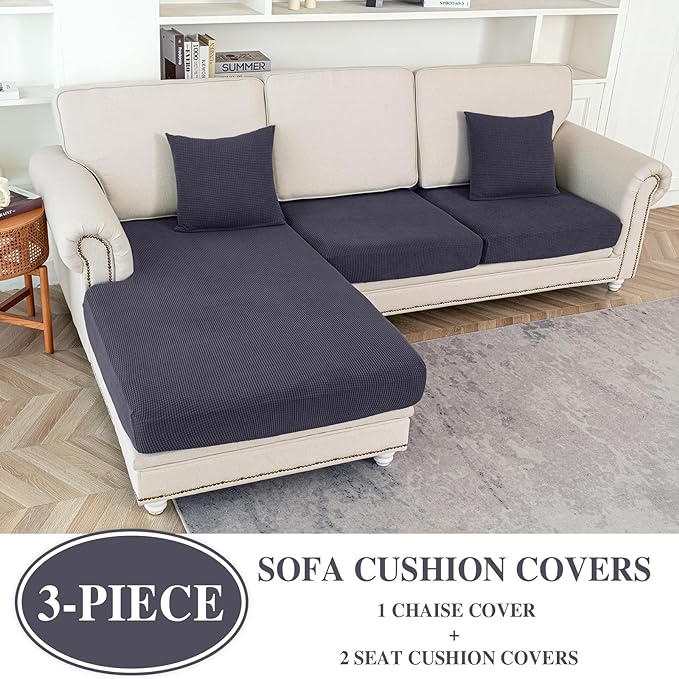 Couch Cushion Covers for Sectional Sofa L Shape Washable Separate Seat Chaise Couch Cover Stretch Sofa Slipcovers with 2 Pcs Pillowcases(2 Seater + 1 Chaise, Dark Grey)
