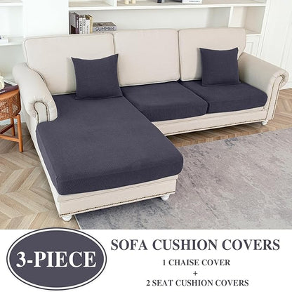 Couch Cushion Covers for Sectional Sofa L Shape Washable Separate Seat Chaise Couch Cover Stretch Sofa Slipcovers with 2 Pcs Pillowcases(2 Seater + 1 Chaise, Dark Grey)