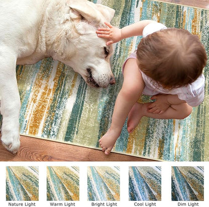 Lansny Modern Abstract 5x7 Machine Washable Area Rug Non-Slip Soft Bedroom Living Romm Rug Green Mustard Multi Ultra Thin Print Faux Wool Floor Carpet Throw Rug for Nursery Playroom Dining Room Office