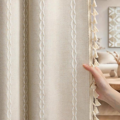 Boho Blackout Curtains 96 Inches Long Beige Linen Blend 2 Panels with Tassels and Cotton Embroidery, Farmhouse Vintage Rustic Rod Pocket Drapes for Living Room or Bedroom