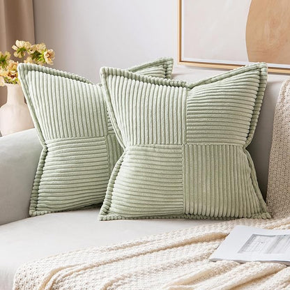 MIULEE Spring Decorative Throw Pillow Covers for Couch Bed Livingroom 20x20 Inch Set of 2 Light Green Boho Accent Throw Pllows Broadside Striped Patchwork Soft Corduroy Summer Pillowcases