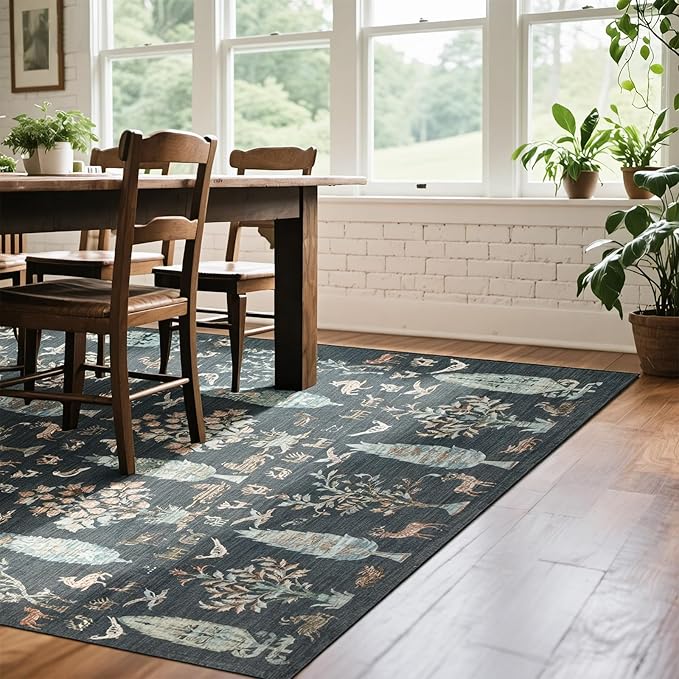 Washable Rugs 8x10 Area Rugs for Living Room,Bedroom,Dining Room- Large Ultra Soft Faux Wool Retro Carpet,Non Slip&Non-Shedding Low Pile Vintage Print Rug for Home Office Dorm-Dark Green