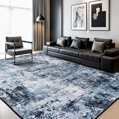 Rugflix 6x9 Area Rugs for Living Room, Washable Large Rug Stain-Resistant Low Pile, Modern Dark Carpet for Dining Room Home Office Kid Room Nursery Bedroom, Navy Blue/Black