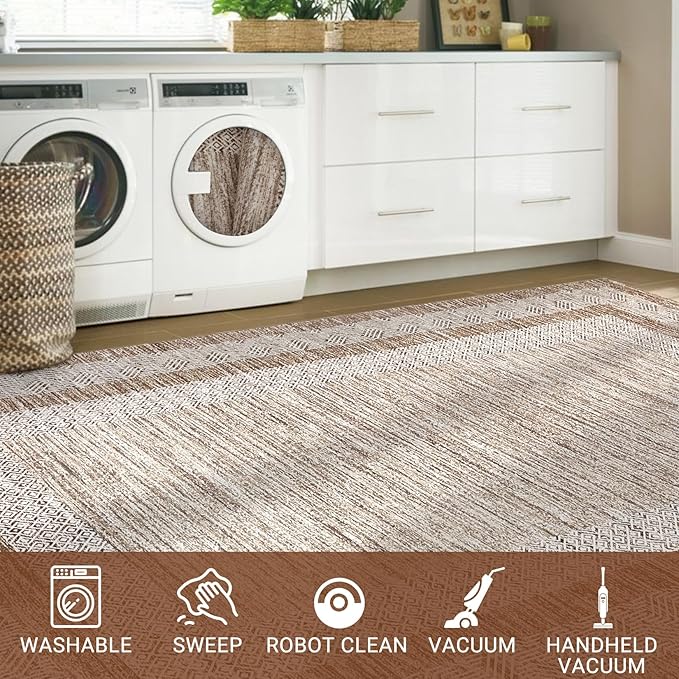 GarveeHome 9x12 Large Modern Brown Area Rug Distressed Bordered Rug Soft Non Shedding Floor Carpet, Geometric Rug, Washable Non Slip Rug, Low Pile Indoor Area Rug for Living Room, Bedroom
