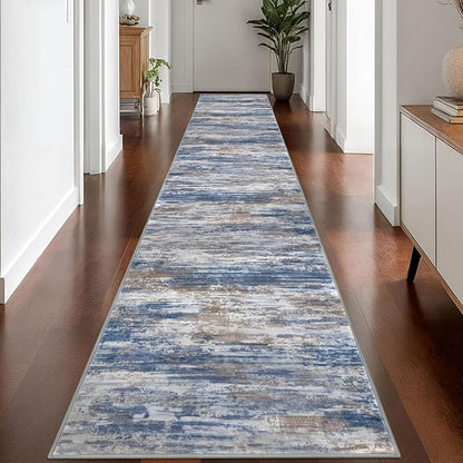 KOZYFLY Modern Abstract Washable Rug Runner 2.6x16 Hallway Rug Runner Non-Slip Soft Kitchen Runner Rugs, Blue Rust Striped Carpet for Stair Entryway Bathroom Laundry Room Foyer