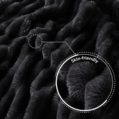 Exclusivo Mezcla King Size Flannel Fleece Blanket, Super Soft Striped Jacquard Bed Blanket, Lightweight Fuzzy Cozy for All Seasons, 90x104 Inches, Black