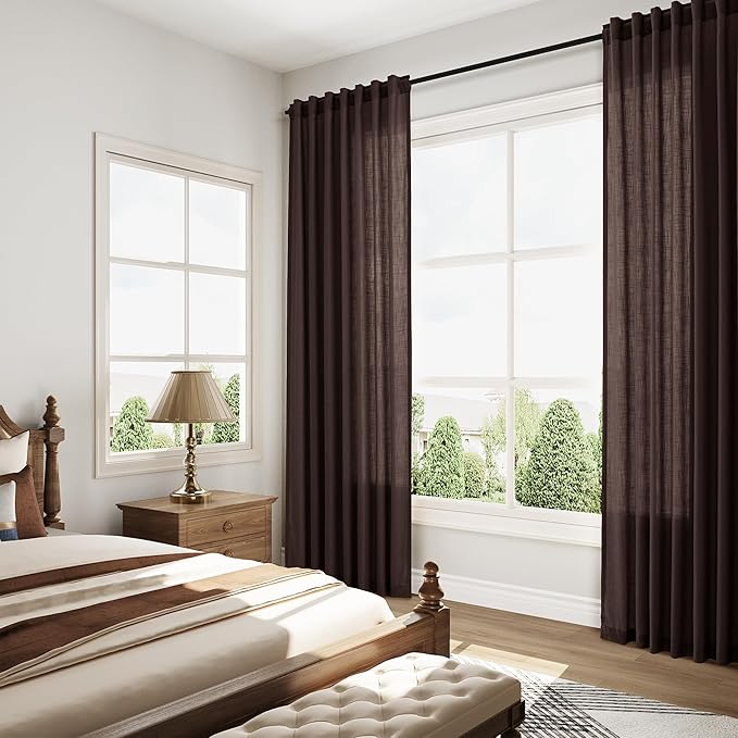 Coffee Brown Linen Curtains for Living Room 98 Inches Long Light Filtering Semi Sheer Curtain Back Tab Rod Pocket Luxury Modern Rustic Home Decor Neutral Drapes for Bedroom Dinner Room 52x98, 2 Panels