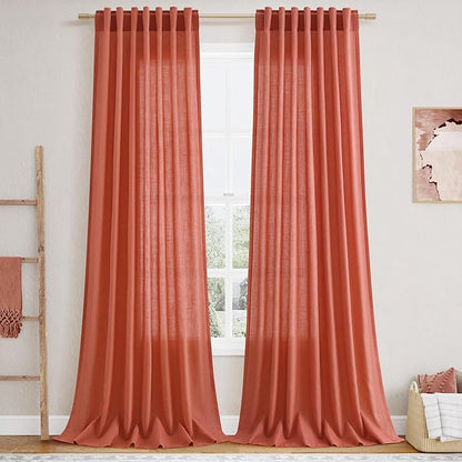 Coral Linen Curtains 102 Inches Long 2 Panel Set Back Tab Rod Pocket Semi Sheer Light Filtering Burlap Extra Long Drapes Neutral Farmhouse Decor for High Window Living Room 52x102