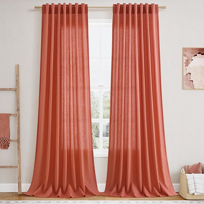 Coral Linen 96 Inch Length Curtains Panels 2 Panel Set Back Tab Rod Pocket Textured Sheer Light Filtering Boho Aesthetic Room Decor Burlap Drapes for Bedroom and Living Room Curtain 8Ft 52x96 Inch