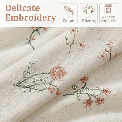 Kitchen Valances for Windows, Floral Embroidered Spring Linen Blend Farmhouse Cottage Vintage Light Filtering Valance Rod Pocket Window Treatment, 52 x 18 Inch, 1 Panel