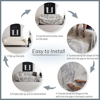 MYSKY HOME Sectional Couch Cover Sofa Covers for Sectional Sofa L Shape Chenille Couch Protector Grey Geometric for Dogs Pets Couch Throw Cover Washable Durable for Home Decor, 91" X134"
