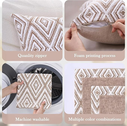 HPUK Decorative Throw Pillow Covers Set of 4 Geometric Design Linen Cushion Cover for Couch Sofa Living Room, 20"x20" inches, Light Brown